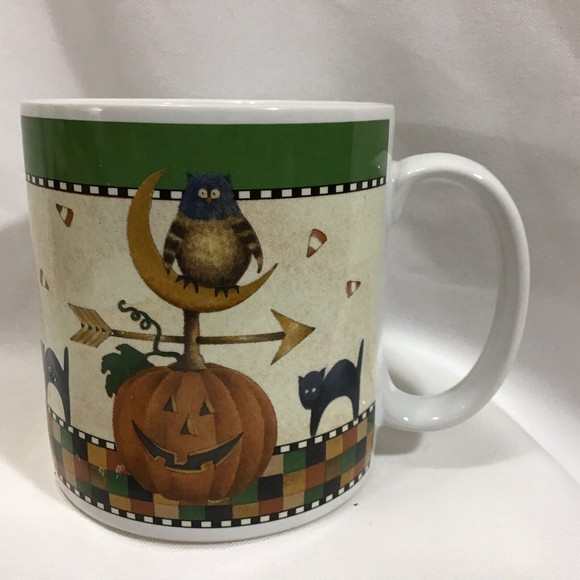 Debbie Mumm Halloween Weather Vane Pumpkin Owl White Black Cat Sakura Mug - Picture 1 of 7